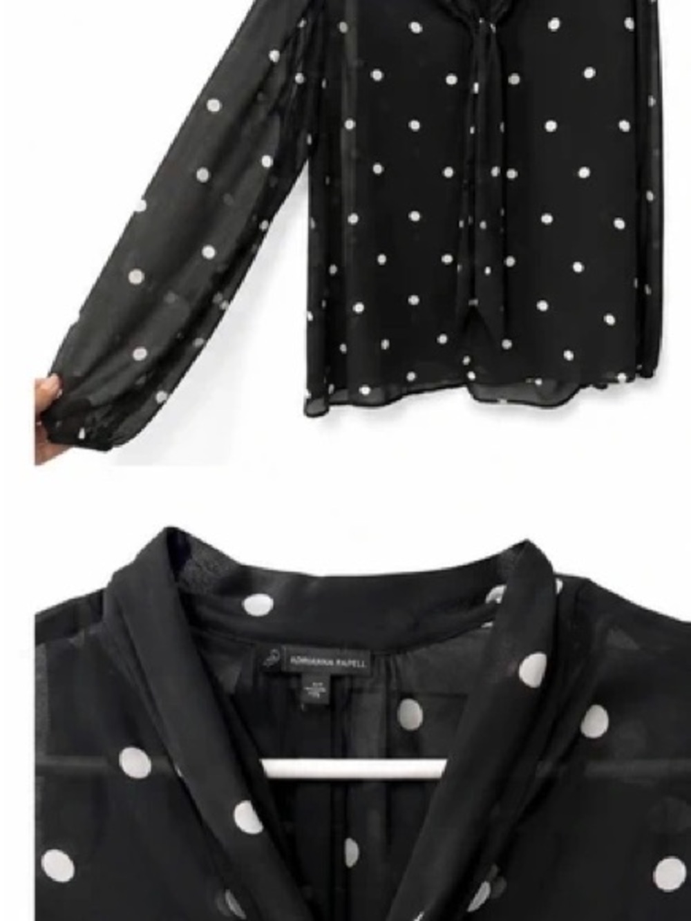 Adrianna Papell Black and White Polka Dot Tie-Neck Blouse
